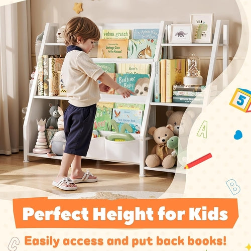Kids Bookshelf Large Storage Bookcase: 3-Tier Book Sling Shelf Toy